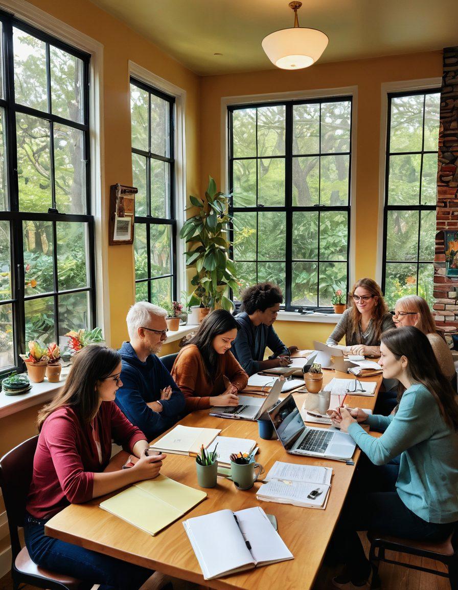 A diverse group of writers gathered around a large table, sharing ideas and stories, surrounded by colorful notebooks, laptops, and coffee cups. The room is filled with warm lighting and inspirational quotes on the walls. A window reveals a beautiful, sunlit garden outside, symbolizing growth and community. Illustrate a sense of collaboration and creativity. vibrant colors. cozy atmosphere. 3D.