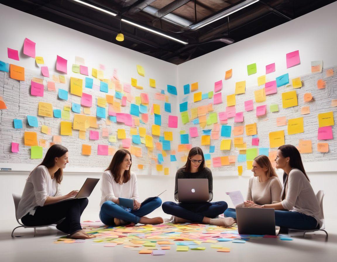 A vibrant scene depicting a diverse group of people engaged in a lively brainstorming session, surrounded by colorful sticky notes and open laptops, with words like 'collaboration' and 'creativity' floating in the air. The backdrop features an inspiring urban landscape that symbolizes connectivity and ideas. colorful elements like paint splashes and light bulbs add energy. super-realistic. vibrant colors. white background.