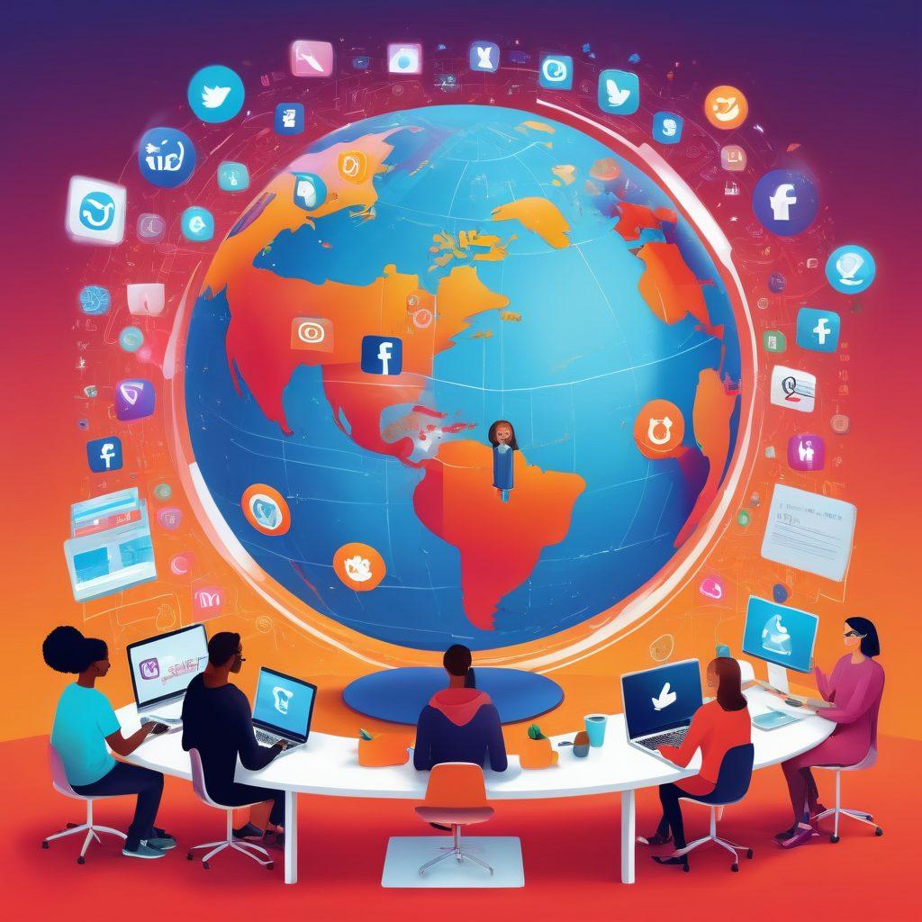 A vibrant illustration of a diverse group of bloggers collaborating in a digital landscape, surrounded by floating icons of various social media platforms and blog designs. In the background, a shimmering globe symbolizing the interconnectedness of the blogosphere. Bright colors and dynamic illustrations of creative ideas and content sharing. super-realistic. vibrant colors.